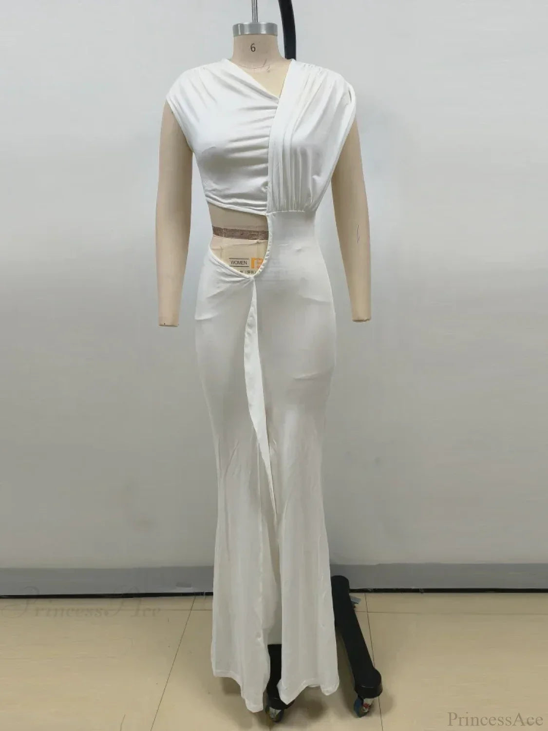 Sexy Asymmetrical Neck Hollow Out White Sleeveless Split Ruched Party Dress