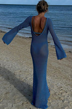 Sexy Boat Neck Bell Sleeve Crochet Knit Beach Vacation Maxi Dress - Blue