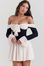 Sexy Bow Tie Off Shoulder Long Sleeve Drop Waist Mesh Panel Party Mini Dress - Black