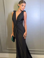Sexy Braid Sling Deep V Neck Pleated Maxi Dress Women Party Dress