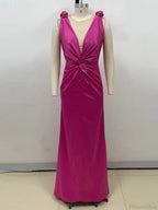 Sexy Braid Sling Deep V Neck Pleated Maxi Dress Women Party Dress