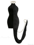 Sexy Chain Halter Neck Patchwork Flods Black Sleeveless Backless Evening Party Dress