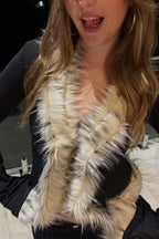 Sexy Chic Fur Collar Tulle Panel Cropped Long Sleeve Blouse