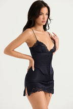 Club Lace Up Belt V Neck Lace Satin Slip Mini Dress - Black