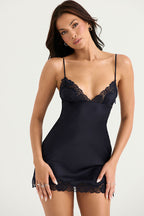 Club Lace Up Belt V Neck Lace Satin Slip Mini Dress - Black