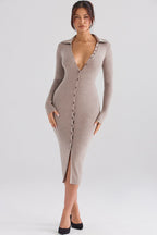 Sexy Collared Button Down Long Sleeve Bodycon Rib Knit Sweater Midi Dress - Camel