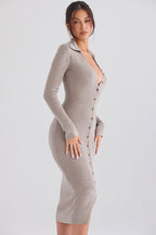 Sexy Collared Button Down Long Sleeve Bodycon Rib Knit Sweater Midi Dress - Camel