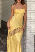 Sexy Cowl Neck Lace Trim Tie Backless Beach Vacation Maxi Dress - Yellow