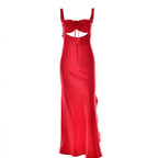 Cut Out Drawstring Lace Up Open Back Sleeveless Maxi Dress - Red
