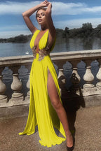 Sexy Deep V High Slit Flared Evening Dress