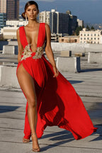 Sexy Deep V High Slit Flared Evening Dress