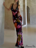Sexy Deep V Lace Graceful Patchwork Printed Auspender Maxi Dress