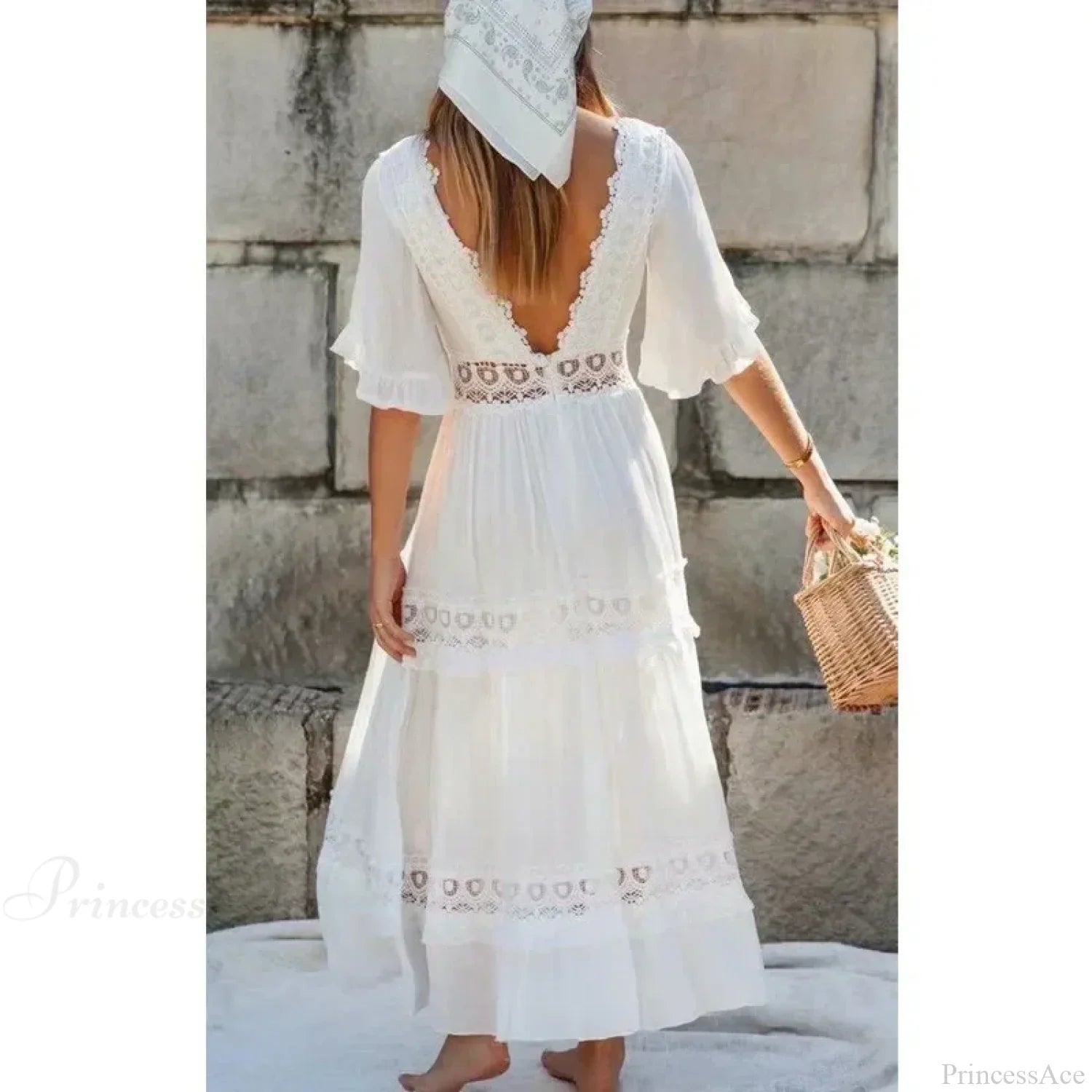 Sexy Deep V-neck Backless Cotton Lace Dress