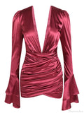 Sexy Deep V Neck Flare Sleeve Pleats Mini Backless Party Dress