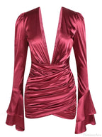 Sexy Deep V Neck Flare Sleeve Pleats Mini Backless Party Dress