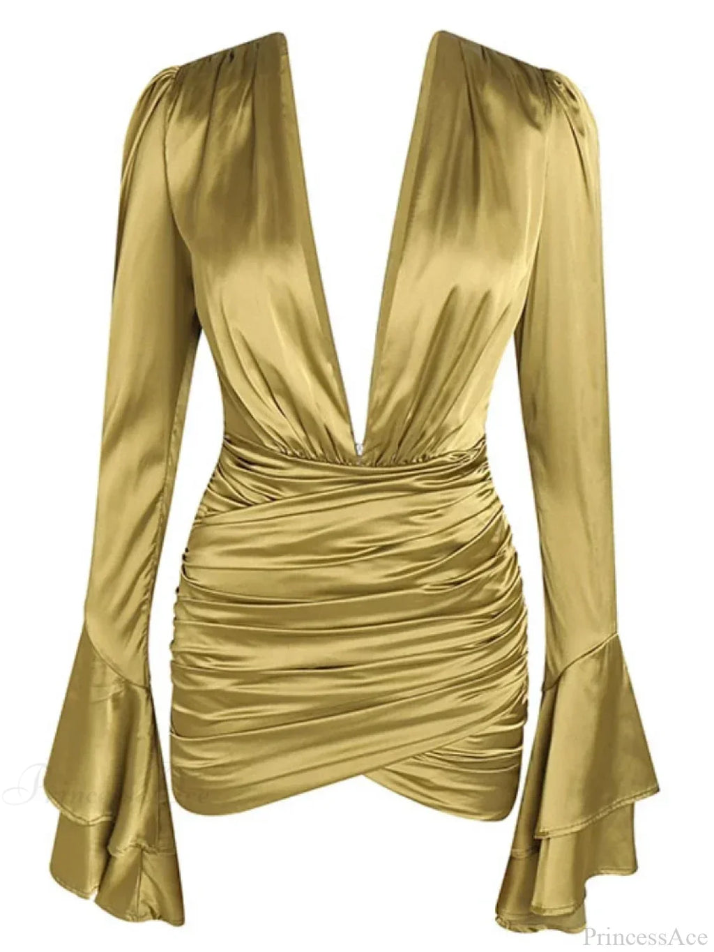 Sexy Deep V Neck Flare Sleeve Pleats Mini Backless Party Dress
