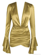 Sexy Deep V Neck Flare Sleeve Pleats Mini Backless Party Dress