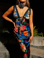 Sexy Deep V-neck Lace Patchwork Slip Floral Dress