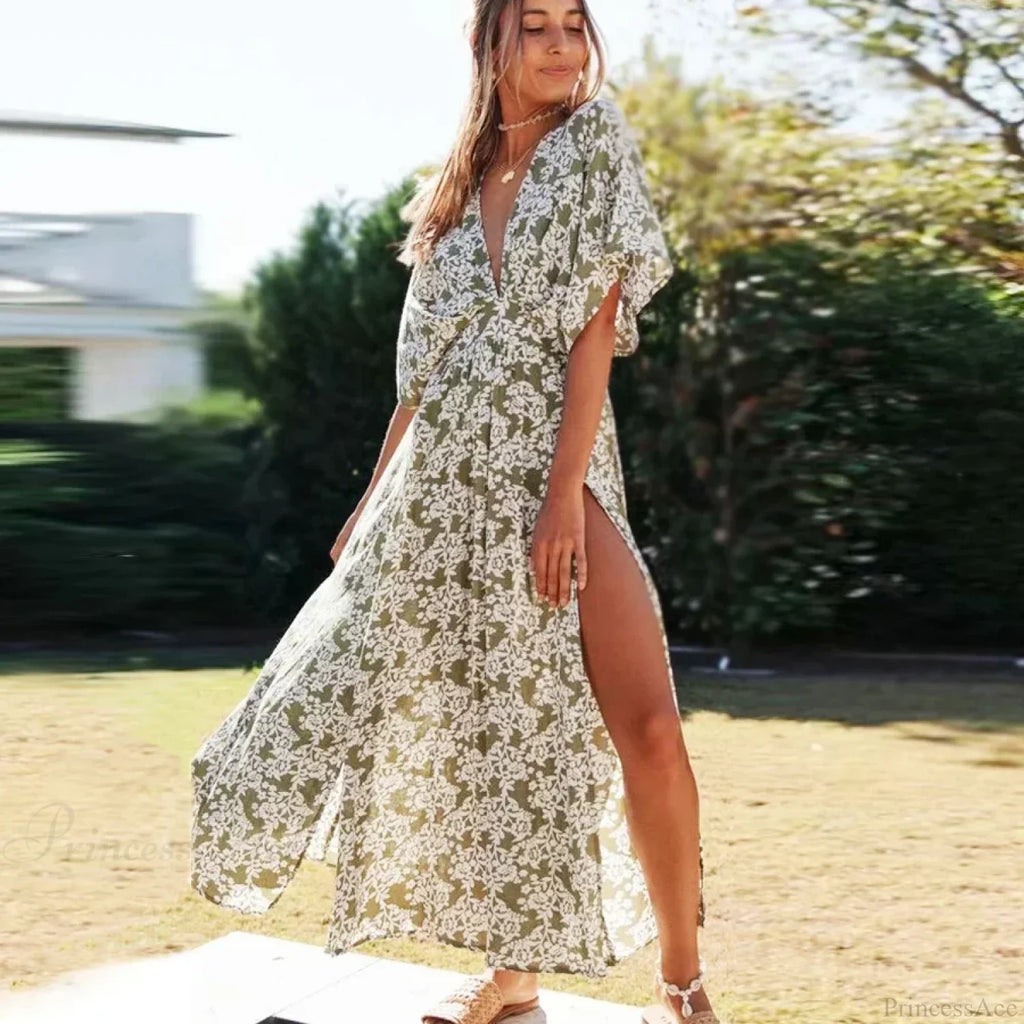 Sexy Deep V-neck Maxi Dress Vintage Floral Print Side Split Boho Dress