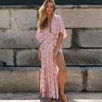 Sexy Deep V-neck Maxi Dress Vintage Floral Print Side Split Boho Dress
