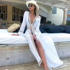 Sexy Deep V-neck White Lace Boho Kimono Bikini Cover up