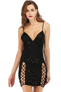 Sexy Deep V Sleeveless Lace Up Sequin Lace Fitted Club Mini Dress - Black