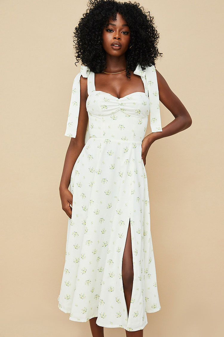 Ditsy Floral Tie Strap Fit & Flare High Slit Slip Midi Sun Dress - Yellow