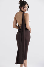 Sexy Draped Backless Wrap Halter Tie Satin Midi Dress - Chocolate