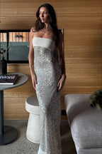 Sexy Elegant Sequin Strapless Fitted Slit Backless Evening Dress
