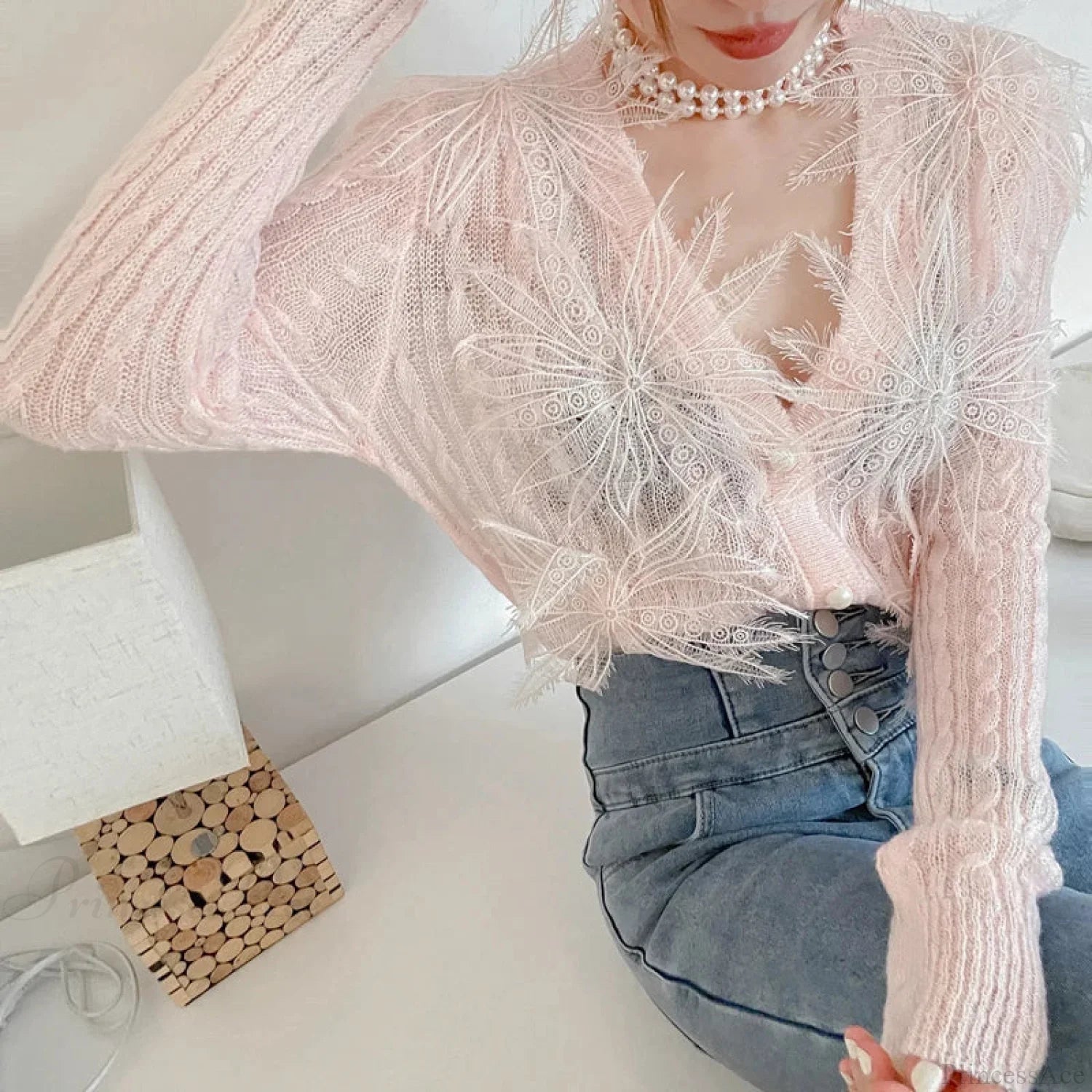 Sexy Embroidered Flower Knitted Blouse Party Blouse