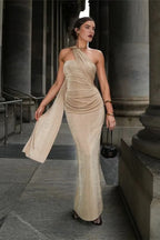 Sexy Fitted Ruffled Halter Sash Backless Maxi Dress