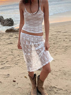 Sexy Floral Lace Strap Tank Camis Crop Top with See-through Long Skirt Set