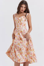 Sexy Floral Printed Lace Up Back High Split Corset Mini Sundress - Orange