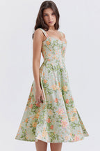 Sexy Floral Printed Lace Up Back High Split Corset Mini Sundress - Green