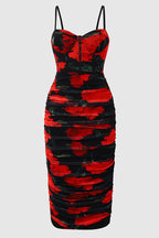 Sexy Floral Printed Mesh Ruched Bodycon Cocktail Party Midi Dress - Black