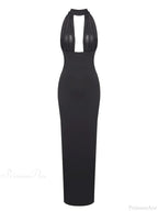 Sexy Halter Backless Mesh Patchwork Black Sleeveless Bodycon Party Dress