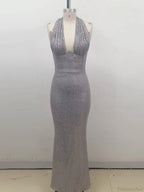 Sexy Halter Deep V Neck Sequins Green Sleeveless Backless Celebrity Party Dress