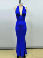 Sexy Halter Deep V Neck Sequins Green Sleeveless Backless Celebrity Party Dress