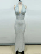 Sexy Halter Deep V Neck Sequins Green Sleeveless Backless Celebrity Party Dress