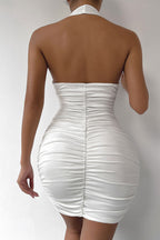 Sexy Halter Deep V Ruched Sleeveless Bodycon Party Mini Dress - White