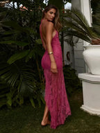 Sexy Halter Lace-up Deep V Neck Lace Ruffles Rose Red Party Dress