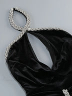 Sexy Halter Neck Diamonds Chain Hollow Out Black Velvet Sleeveless Party Dress