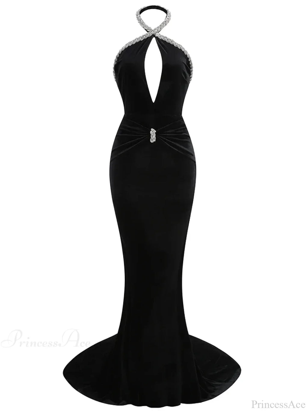 Sexy Halter Neck Diamonds Chain Hollow Out Black Velvet Sleeveless Party Dress
