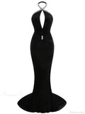 Sexy Halter Neck Diamonds Chain Hollow Out Black Velvet Sleeveless Party Dress