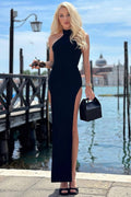 Sexy Halter Neck Side Boob Bandage Thigh Split Evening Maxi Dress - Black
