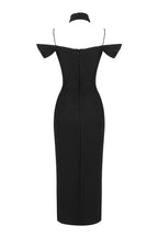 Sexy Halter V Neck Cutout Shoulder Bandage Split Cocktail Midi Dress - Black
