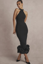 High Neck Sleeveless Bodycon Ruffle Cocktail Party Midi Dress - Black