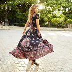 Sexy High Split Flare Sleeve Print Rayon Maxi Boho Dress