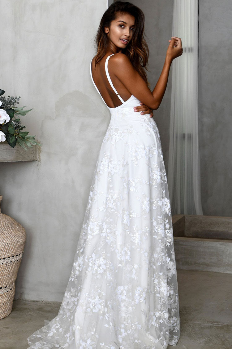 Sexy V Neck Lace Applique A-Line Maxi Beach Wedding Dress - White
