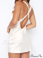 Sexy Lace Satin Patchwork Spaghetti Strap V neck Mini Dress